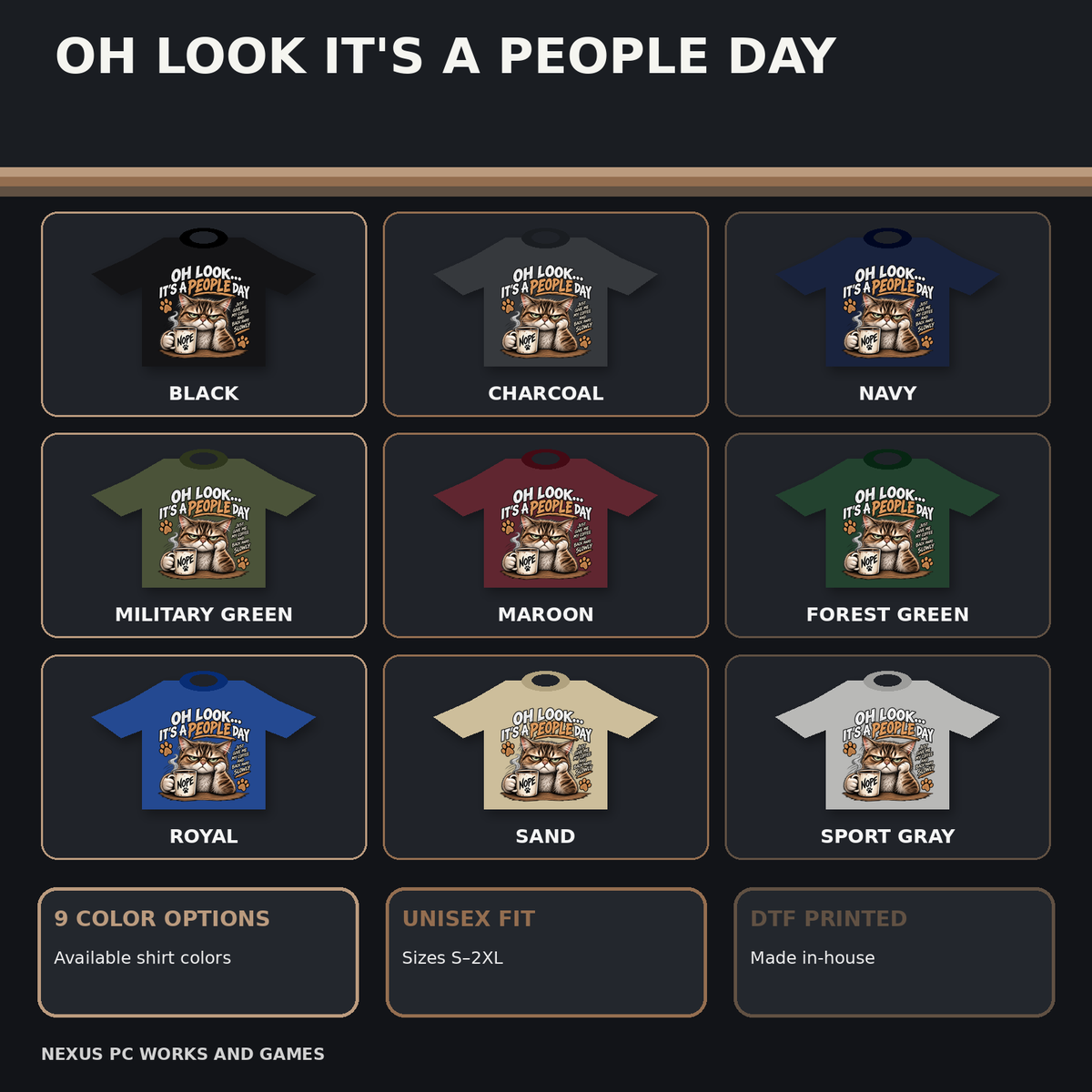 Oh Look It's a People Day T-shirt promotional collage with available color options and product benefits