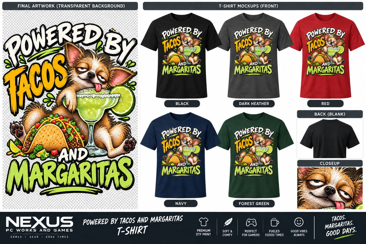 Powered by Tacos and Margaritas Chihuahua T-shirt mockups
