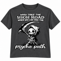 Psycho Path Grim Reaper T-shirt - Charcoal; artwork fully within garment