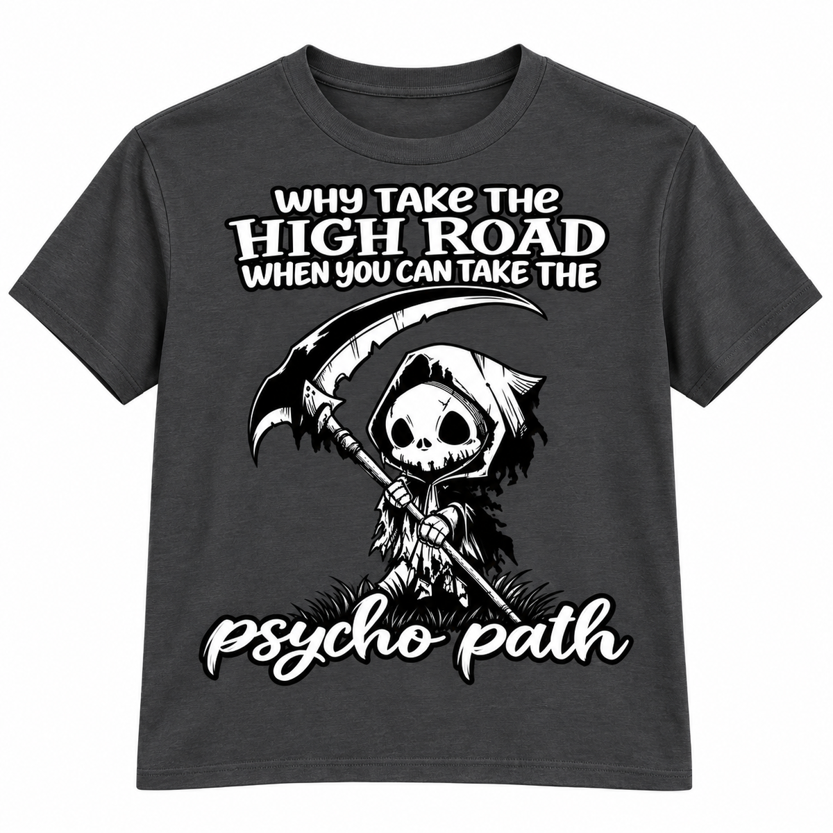 Psycho Path Grim Reaper T-shirt - Charcoal; artwork fully within garment