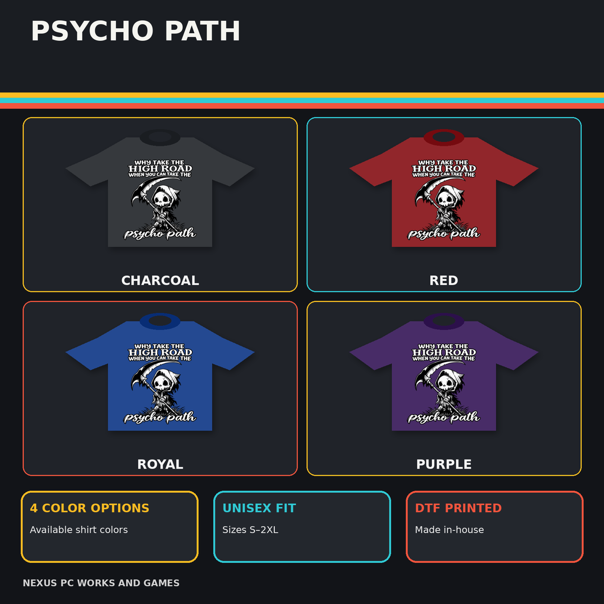 Psycho Path T-shirt promotional collage with available color options and product benefits