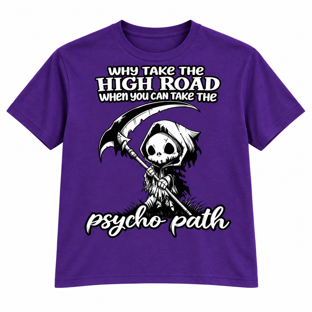 Psycho Path Grim Reaper T-shirt - Purple; artwork fully within garment