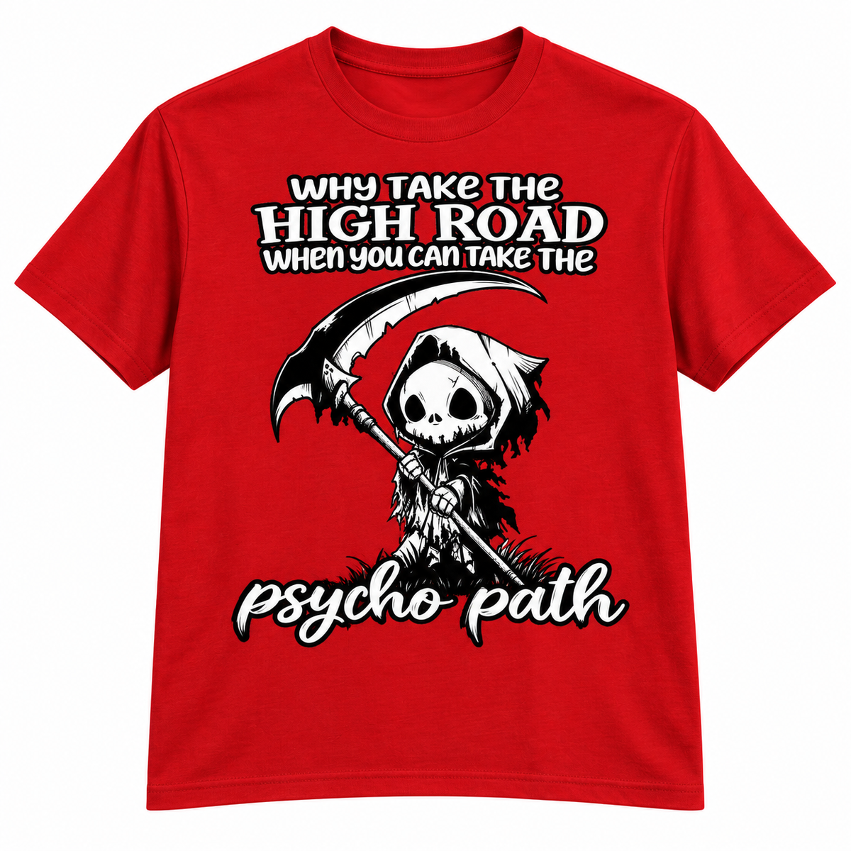 Psycho Path Grim Reaper T-shirt - Red; artwork fully within garment