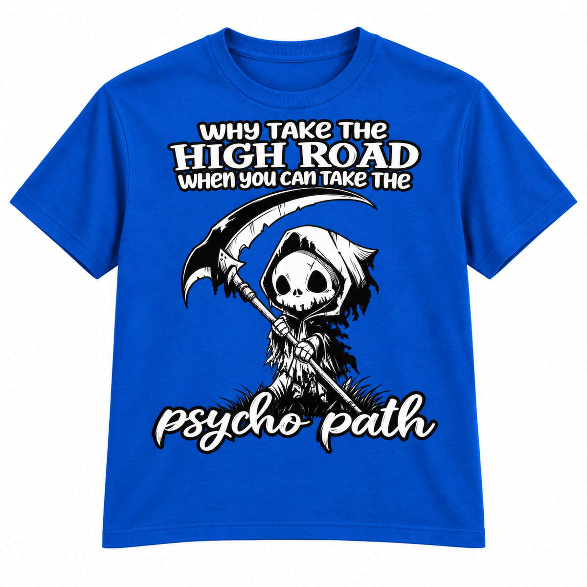Psycho Path Grim Reaper T-shirt - Royal; artwork fully within garment