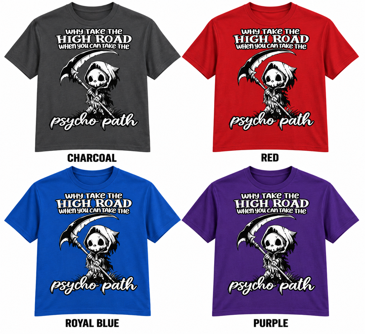 Psycho Path Grim Reaper T-Shirt in charcoal, red, royal blue and purple