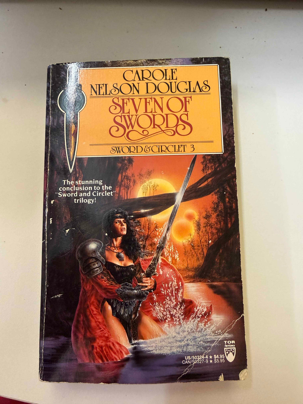 Front cover of actual Seven of Swords used paperback showing wear