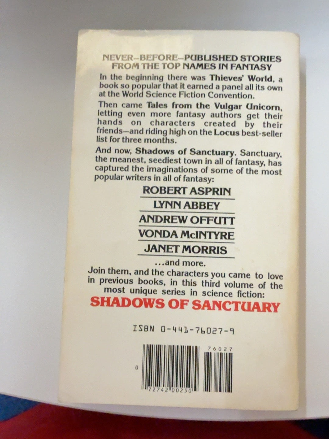 Shadows of Sanctuary back cover - actual used copy
