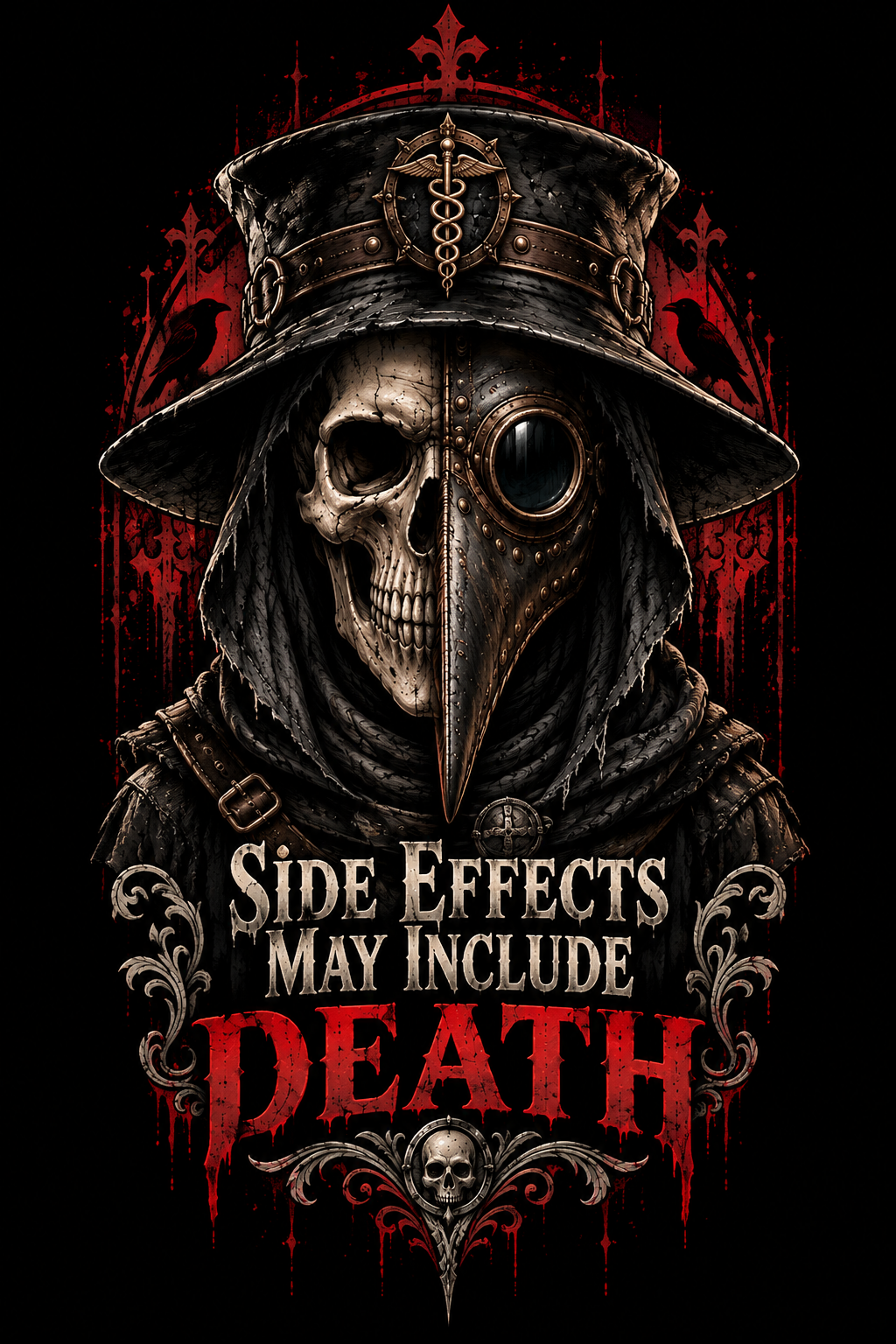 Side Effects May Include Death plague doctor T-shirt artwork