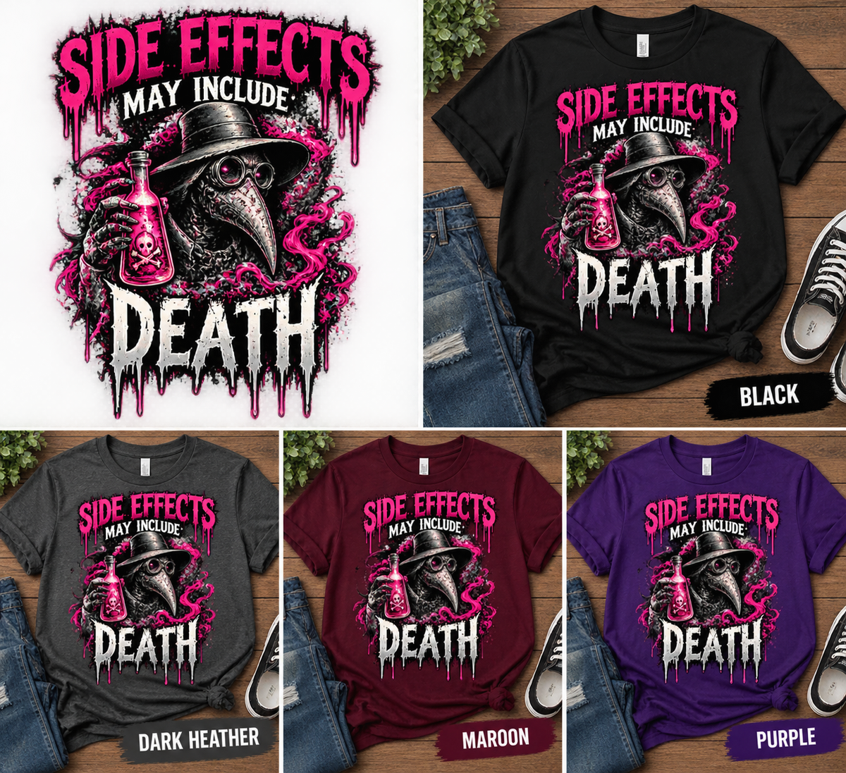 Side Effects May Include Death plague doctor T-shirt in Black, Dark Heather, Maroon and Purple
