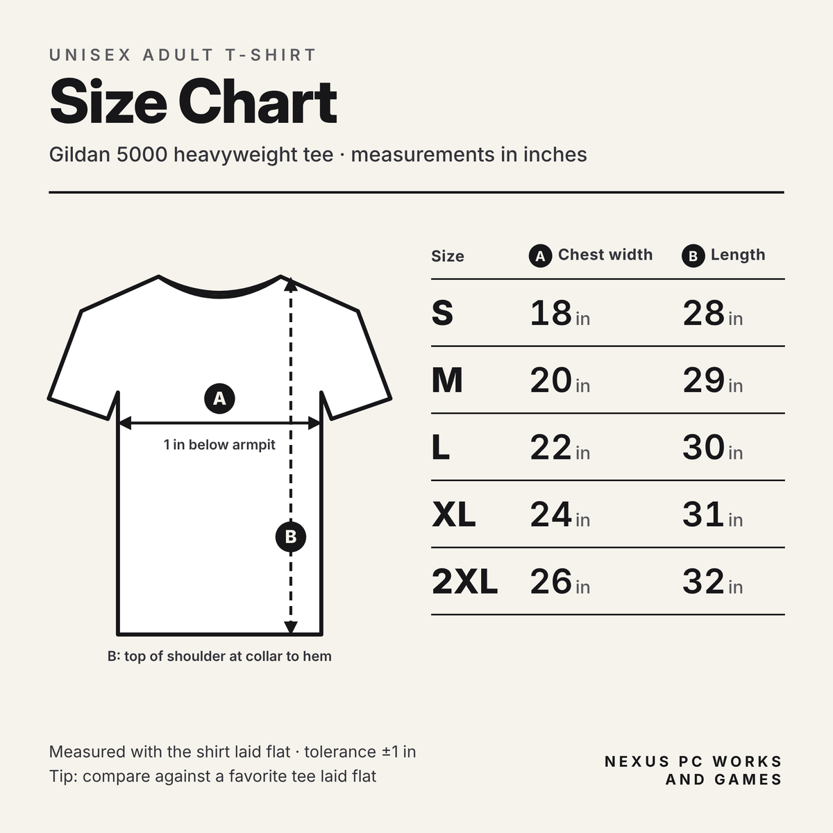 Unisex T-shirt size chart, Gildan 5000: chest width and body length in inches, sizes S to 2XL