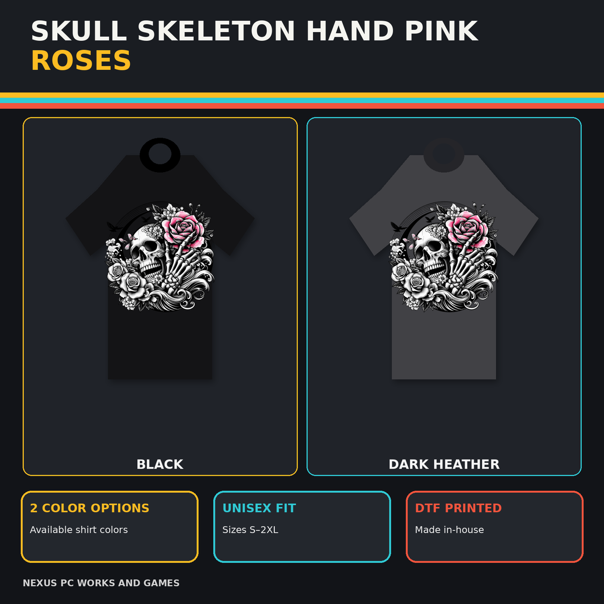 Skull Skeleton Hand Pink Roses T-shirt promotional collage with available color options and product benefits
