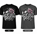 Skull skeleton hand and pink roses DTF T-shirt in Black and Dark Heather