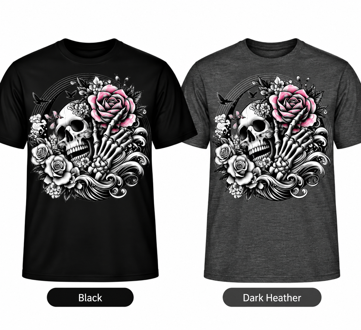 Skull skeleton hand and pink roses DTF T-shirt in Black and Dark Heather