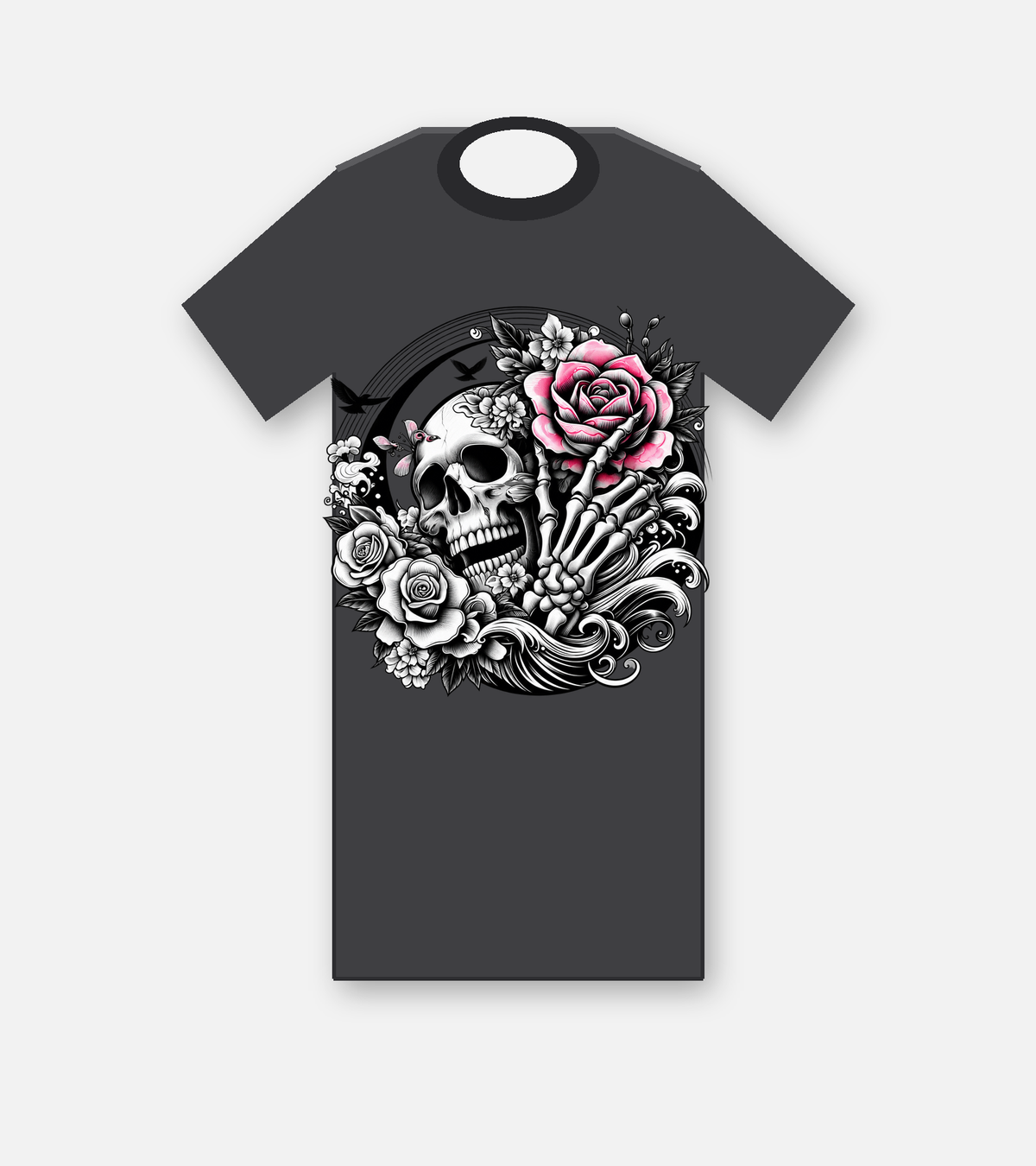 Skull Skeleton Hand Pink Roses T-shirt - Dark Heather