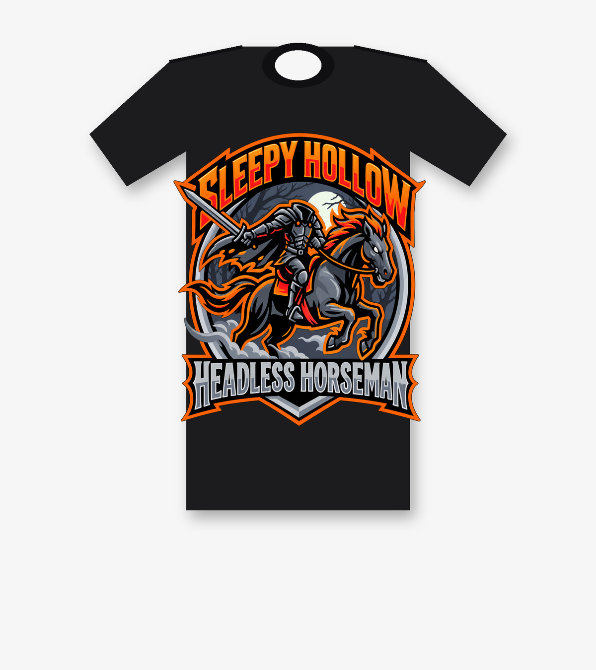 Sleepy Hollow Headless Horseman graphic tee in black, featuring the horseman charging on horseback beneath a haunted moonlit sky