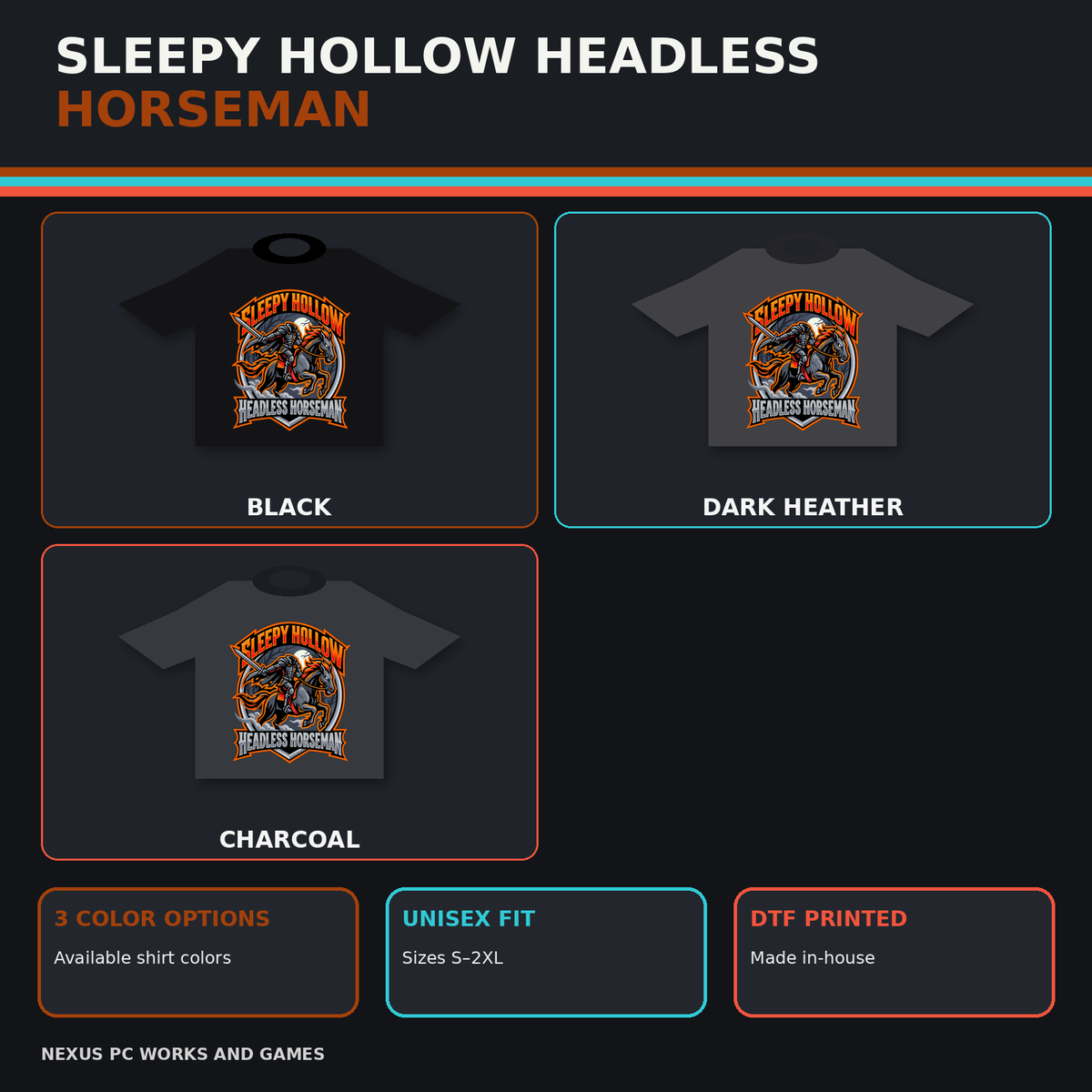 Sleepy Hollow Headless Horseman tee shown in black, dark heather and charcoal