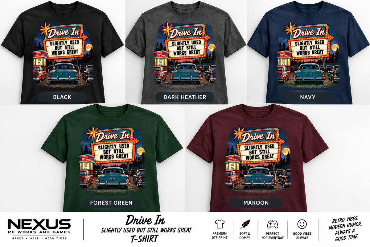 Slightly Used But Still Works Great retro drive-in T-shirt mockups
