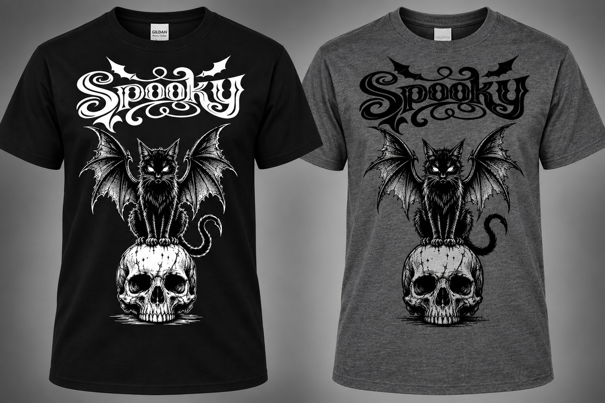 Spooky winged cat and skull T-shirt in Black and Dark Heather