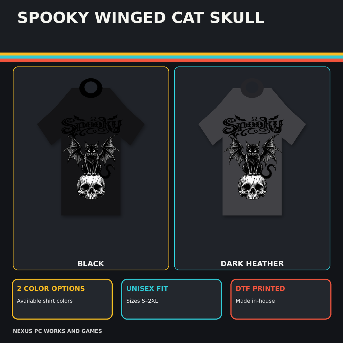 Spooky Winged Cat Skull Halloween tee shown in black and dark heather
