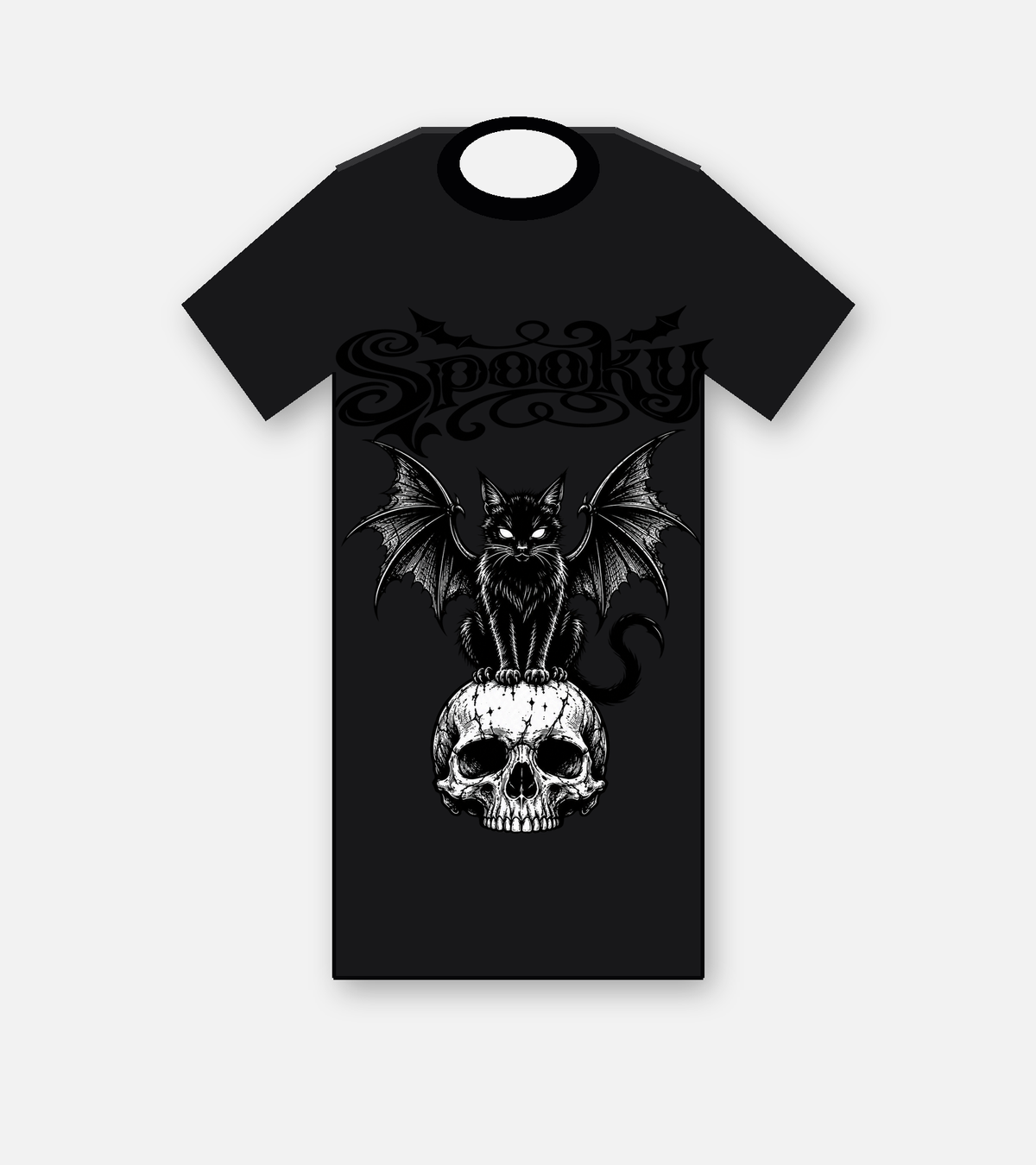 Spooky Winged Cat Skull gothic Halloween graphic tee in black, featuring a winged black cat perched on a skull beneath ornate Spooky lettering