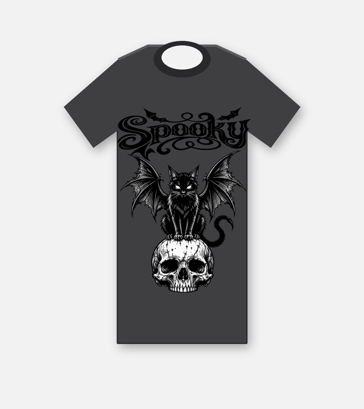 Spooky Winged Cat Skull T-shirt - Dark Heather