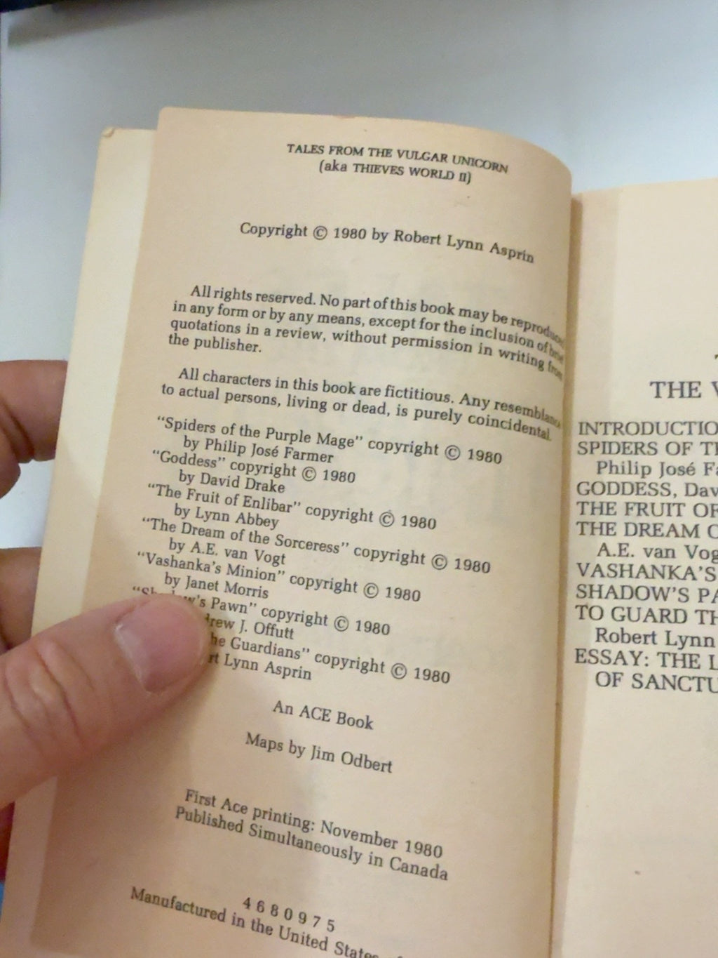 Tales from the Vulgar Unicorn Thieves' World Book 2 copyright and printing page