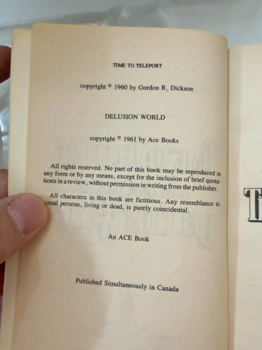 Copyright page of Time to Teleport and Delusion World by Gordon R. Dickson