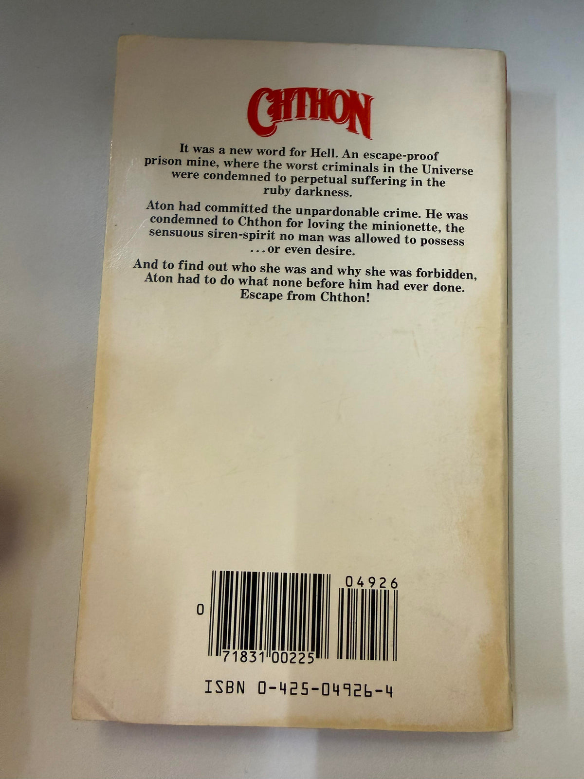 Actual copy of Chthon: back cover