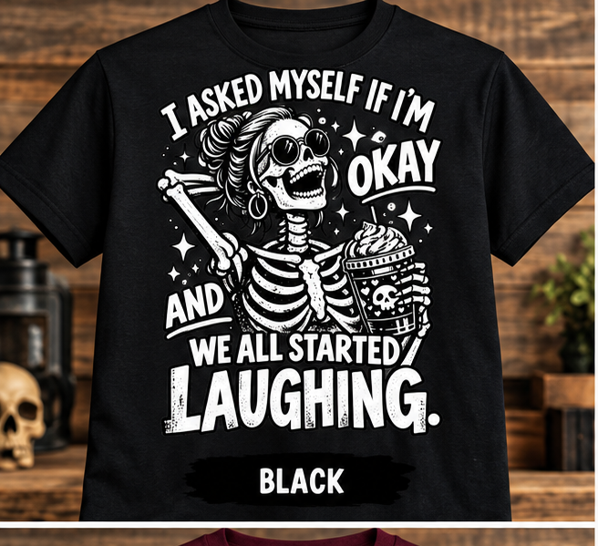 Black We All Started Laughing skeleton T-shirt