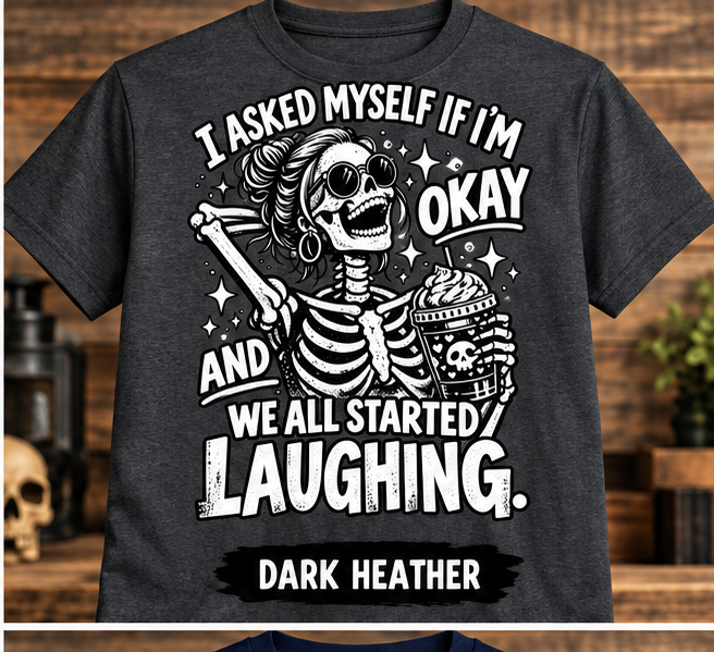 Dark Heather We All Started Laughing skeleton T-shirt