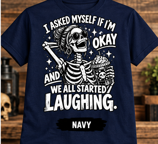 Navy We All Started Laughing skeleton T-shirt
