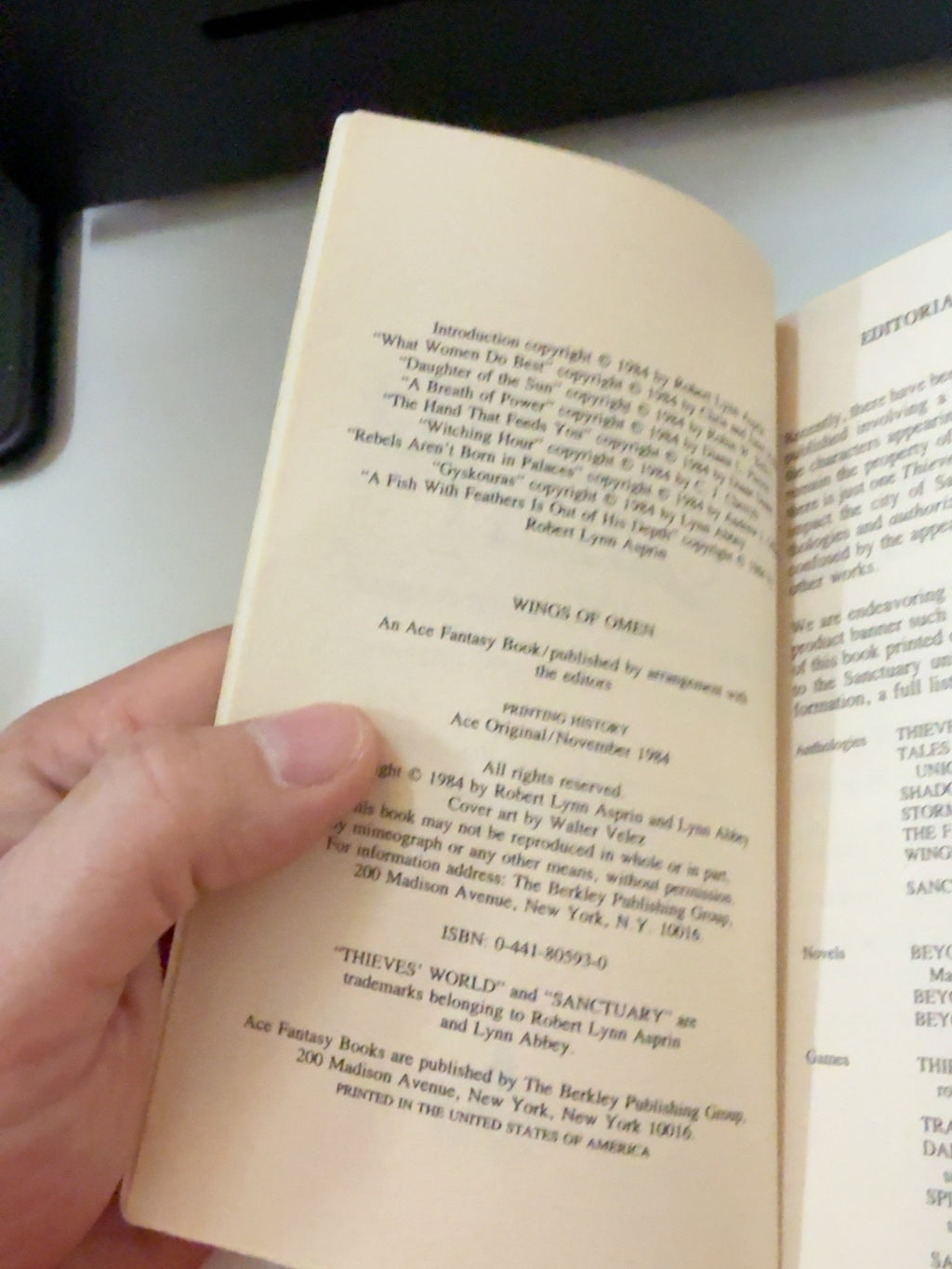 Wings of Omen Thieves' World #6 copyright and printing history page