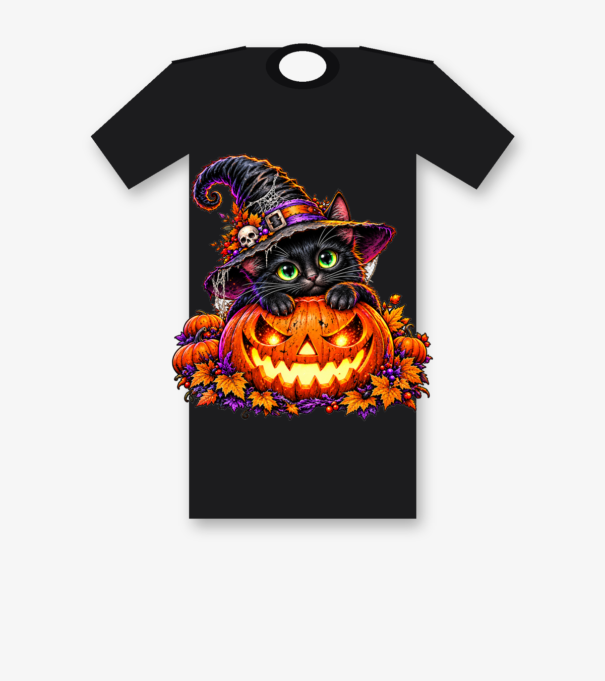 Witch Cat Jack O Lantern Halloween graphic tee in black, featuring a black cat in a witch hat peeking over a glowing jack-o'-lantern