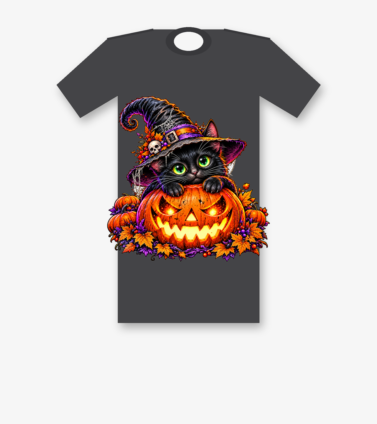 Witch Cat Jack O Lantern Halloween T-shirt - Dark Heather