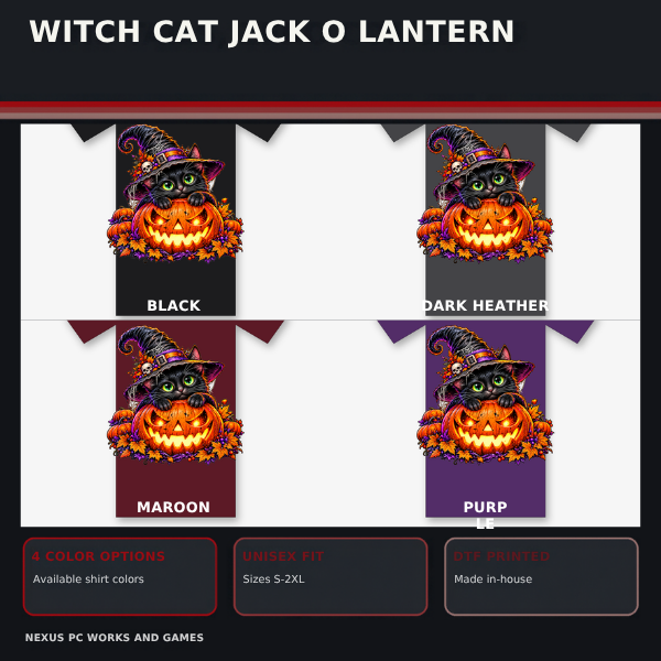 Witch Cat Jack O Lantern Halloween tee shown in black, dark heather, maroon and purple