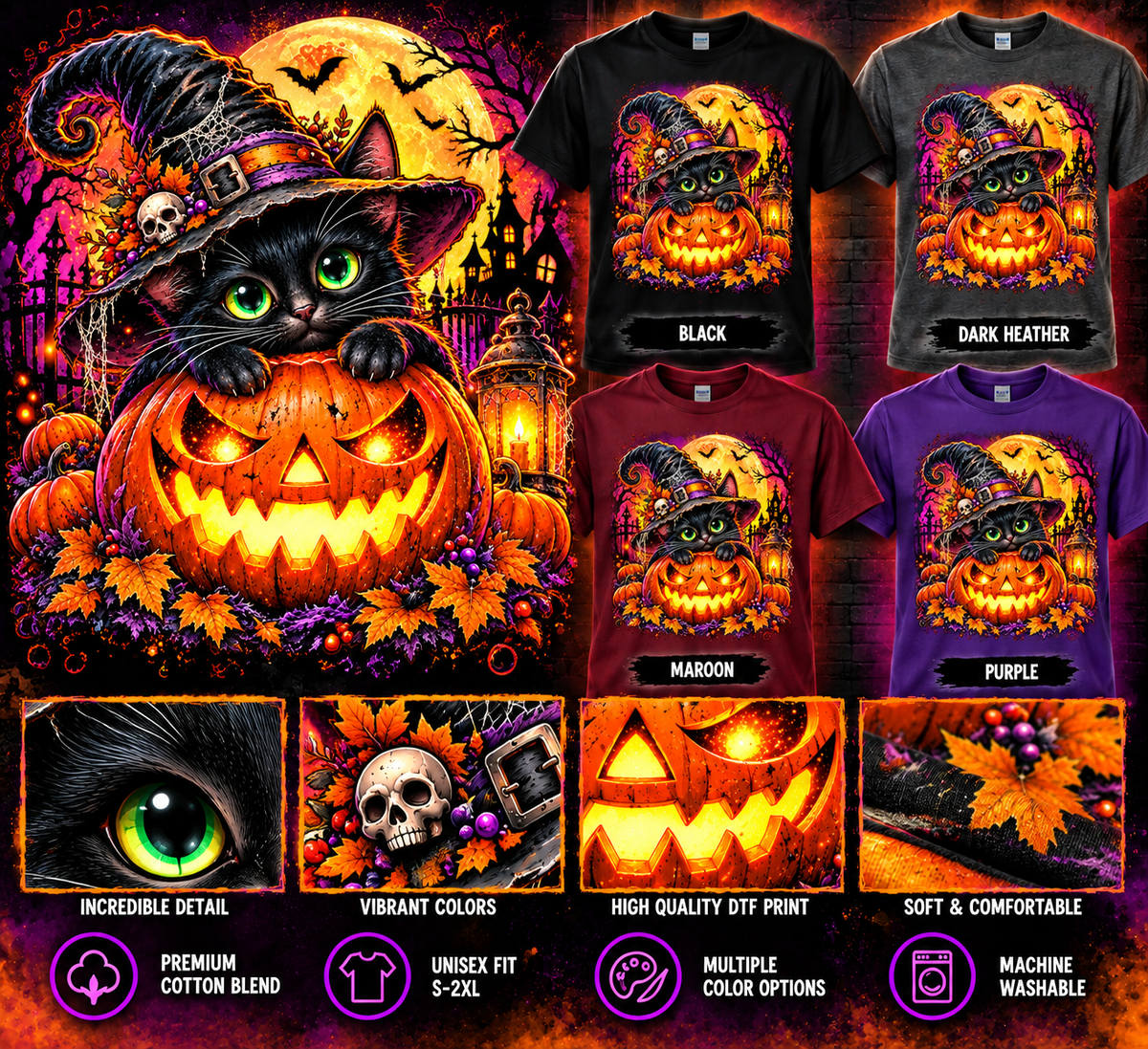 Witch Cat Jack O Lantern Halloween T-shirt in Black, Dark Heather, Maroon and Purple