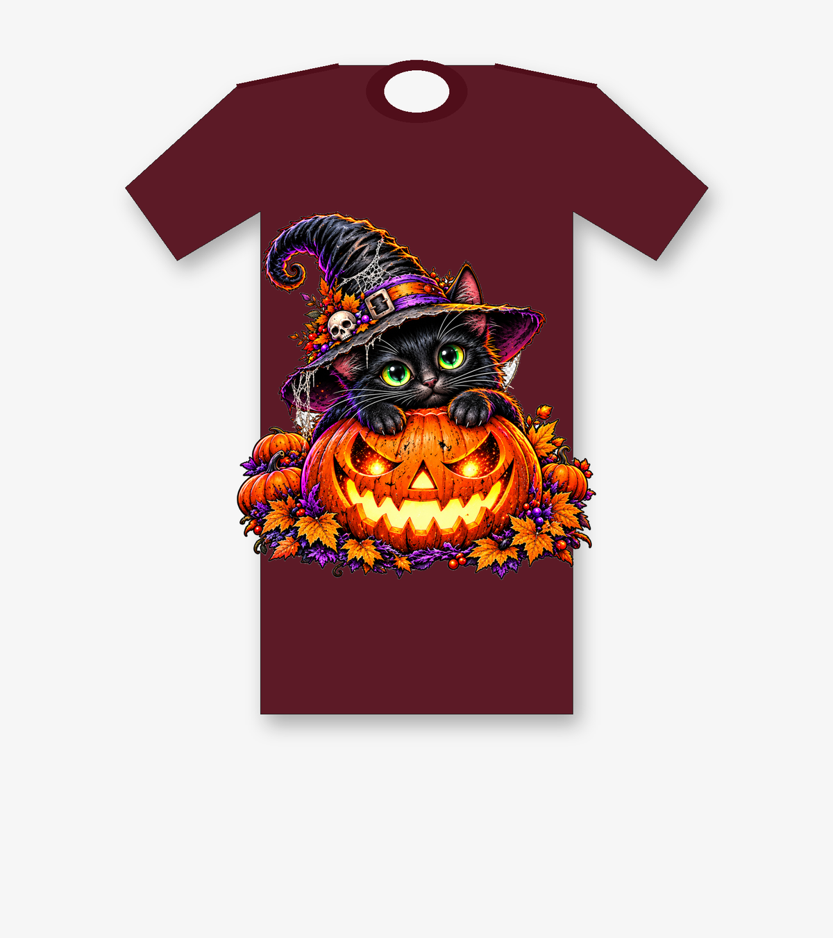 Witch Cat Jack O Lantern Halloween T-shirt - Maroon